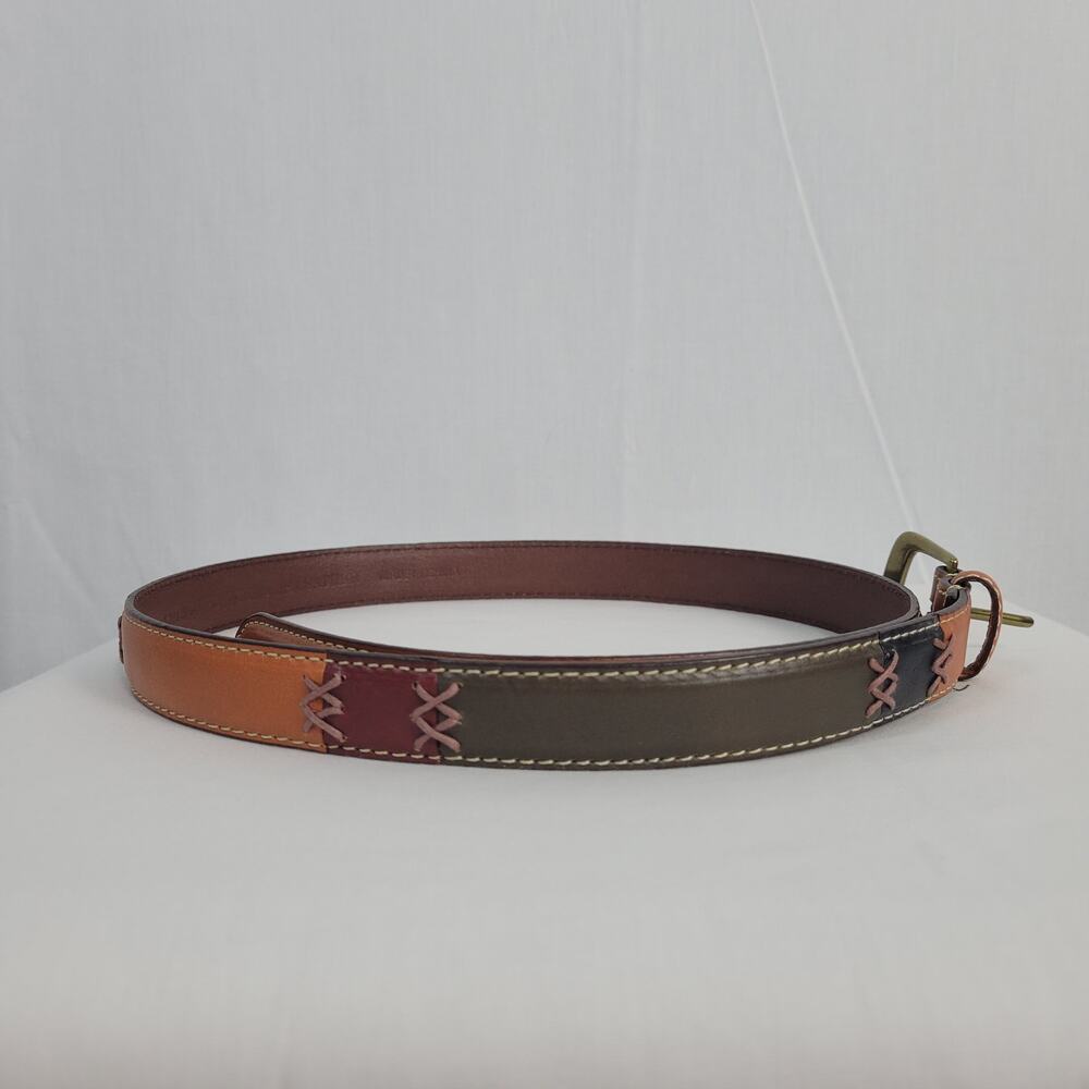 Earth Tone Patchwork Genuine Leather Belt women's sz L Boho Country Artsy Rodeo - Picture 4 of 9